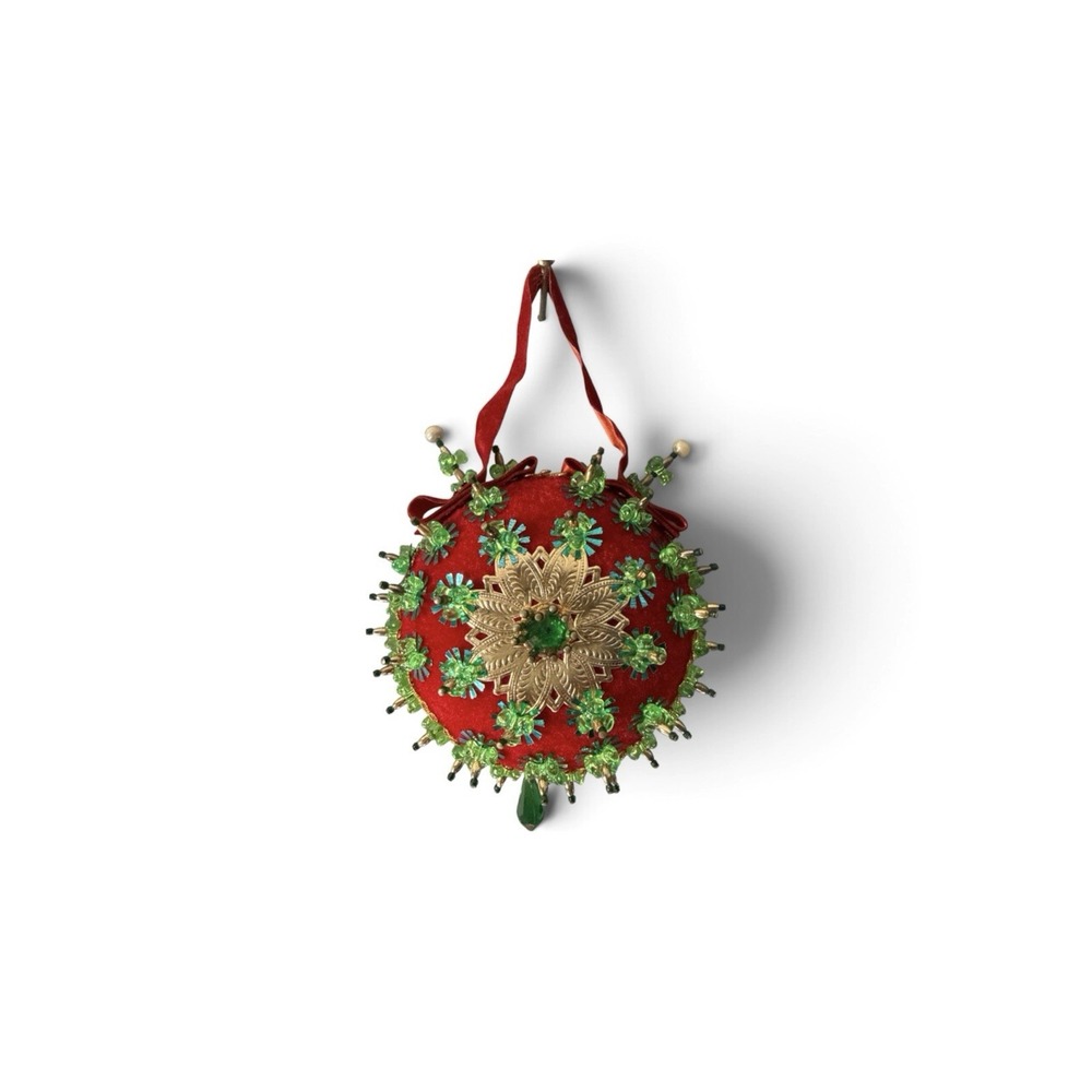 Handmade Vintage Style Beaded Push Pin Sequin Satin Ball Christmas Ornament Red